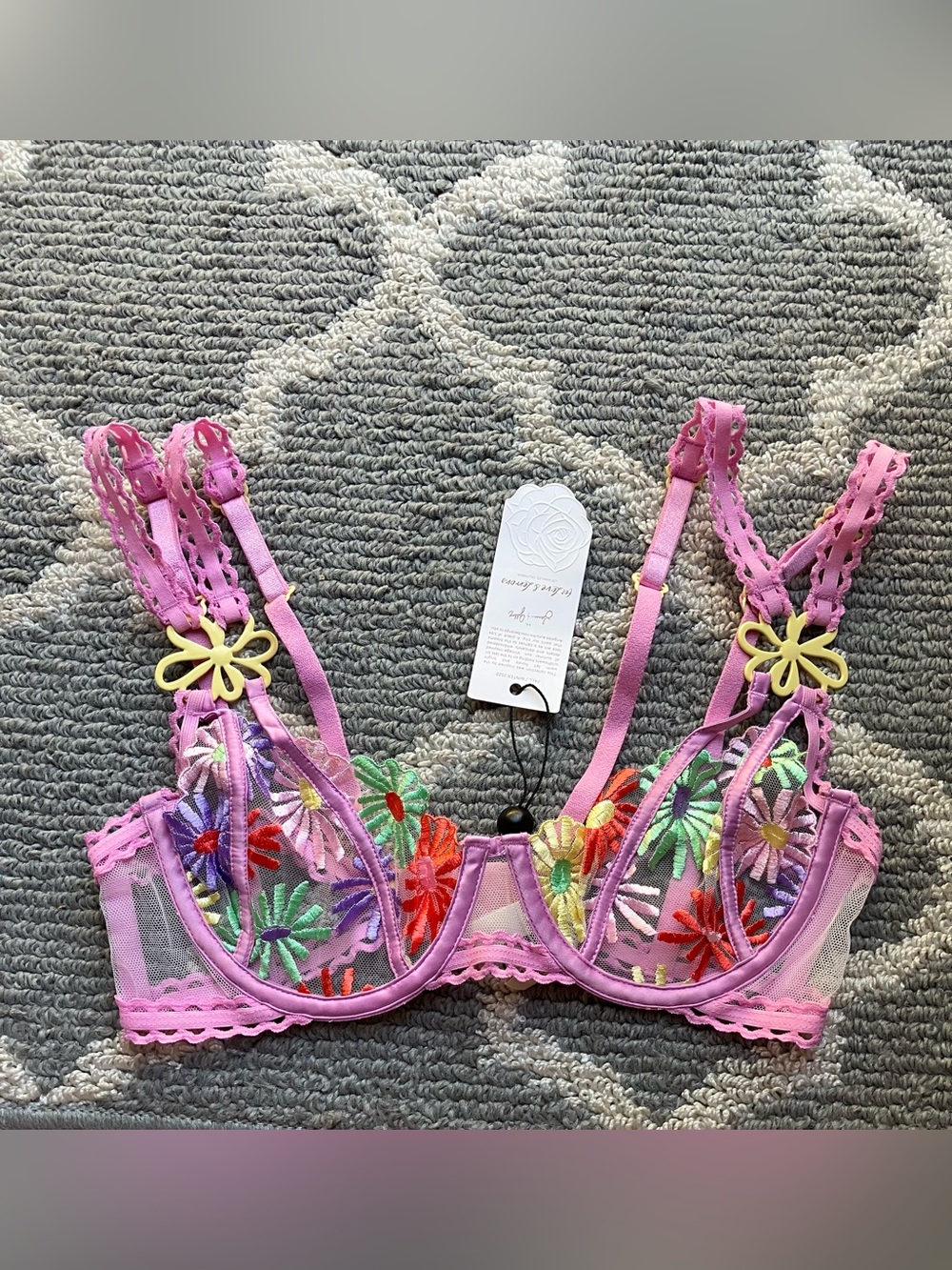For Love & Lemons Pink Floral Embroidered Mesh Underwire Bra